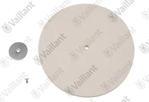 Isolierplatte von Vaillant mit zentralem Loch, daneben eine Metallmutter und eine Unterlegscheibe. Alle Teile auf einem weißen Hintergrund.